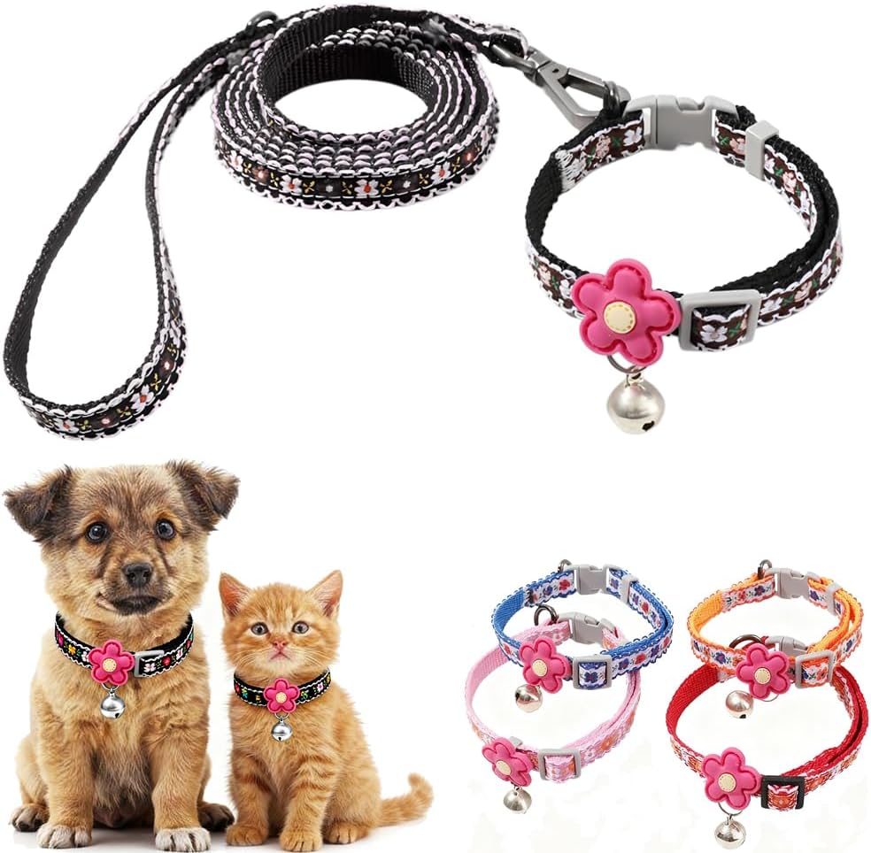Pink XXS Dog Collar with Bell Set, Soft Flower Dogs Leash Cute Floral Cat Collars Adjustable Buckle for XS Tiny Female Girl Pets Kitten Teacup Yorkie X-Small - Image 11