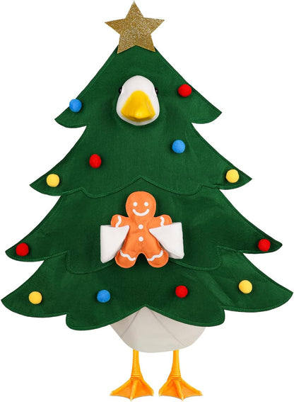 Aymolas Christmas tree porch goose outfit front view on a lawn statue