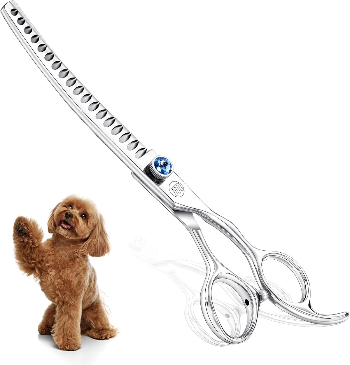 Moontay curved dog grooming shears side profile emphasizing the precision curved blade alignment.