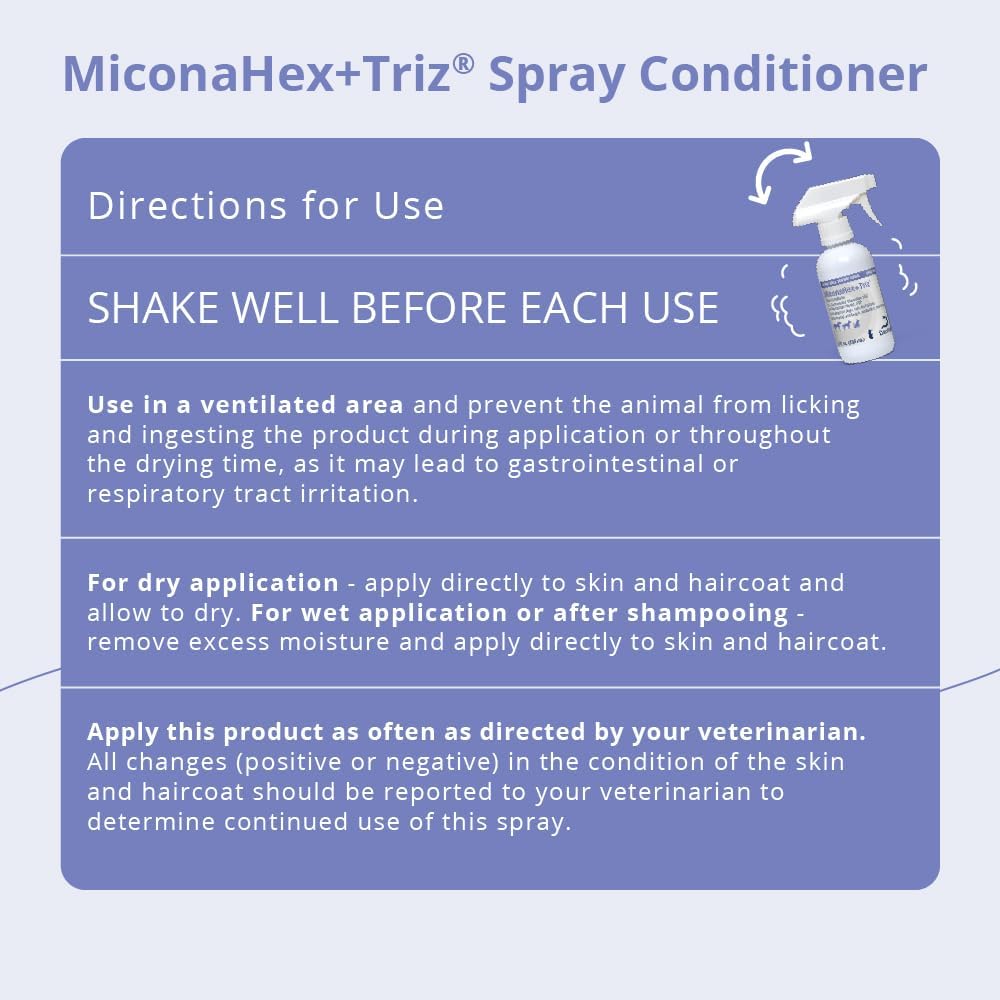 Back label of MiconaHex Triz clear spray conditioner showing ingredients and directions.