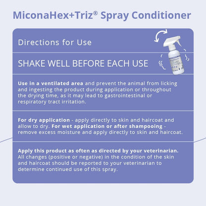 Back label of MiconaHex Triz clear spray conditioner showing ingredients and directions.