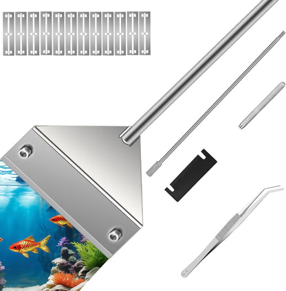 Ymiueip 25 Inch Glass Aquarium Algae Scraper front view showing the stainless steel blade head and extended handle.