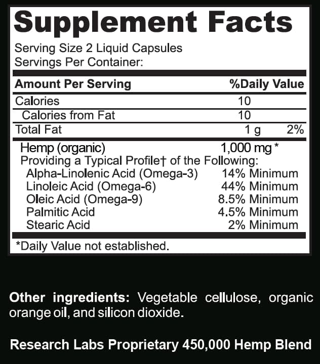 Research Labs Hemp Oil capsules supplement bottle side view