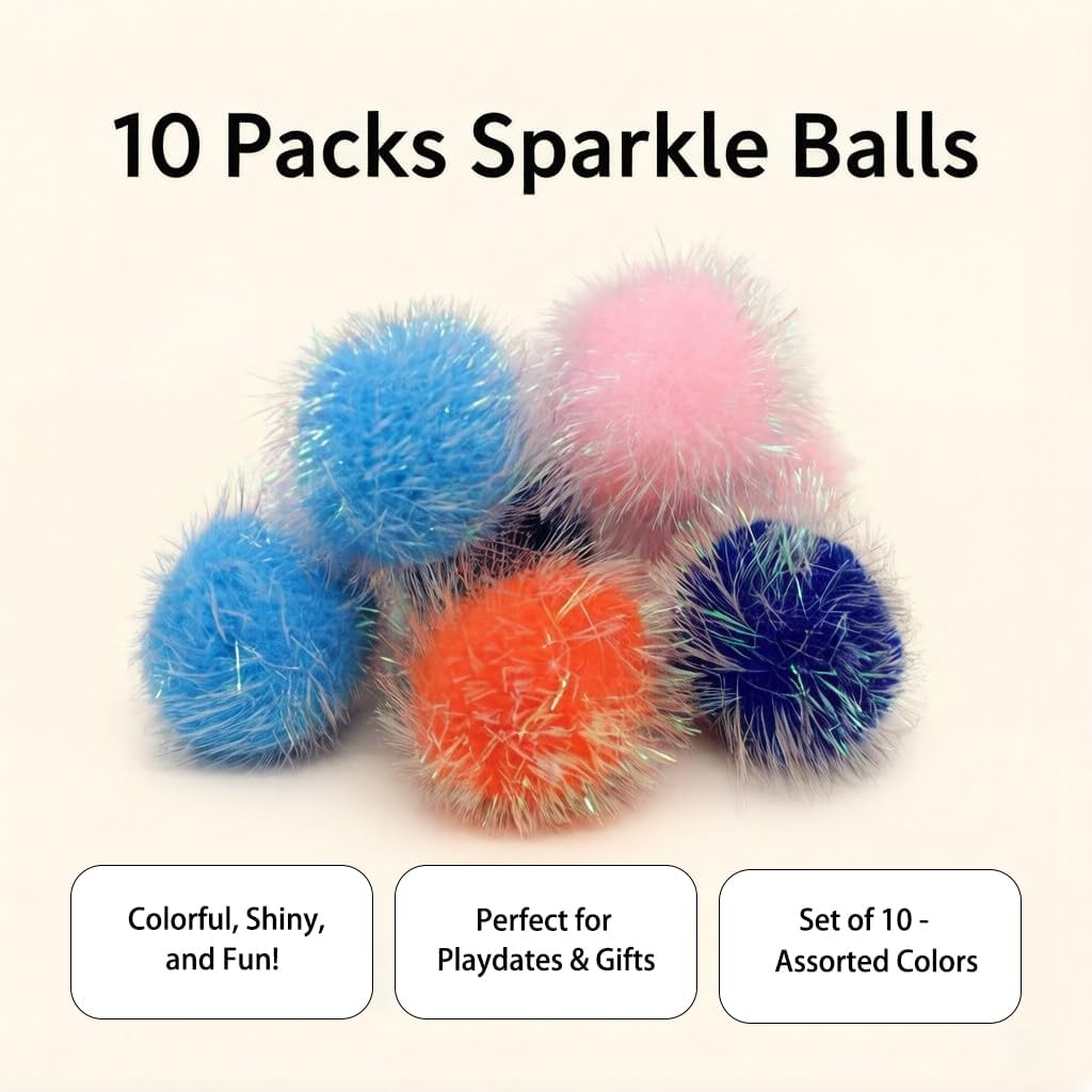 Ten soft tinsel sparkle pom-pom balls for indoor cats