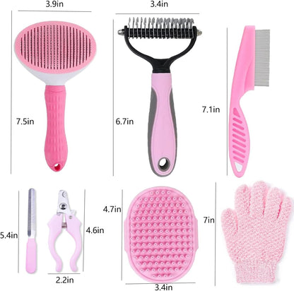 KEEPLKVOC pink pet deshedding tools close up showcasing the stainless steel dematting comb and flea comb.