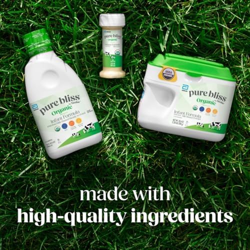 Similac Pure Bliss Organic easy to digest baby formula liquid bottle displayed against a clean backdrop.