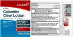 Leader Calamine Clear Lotion imported USA packaging highlighting pramoxine hydrochloride and zinc acetate