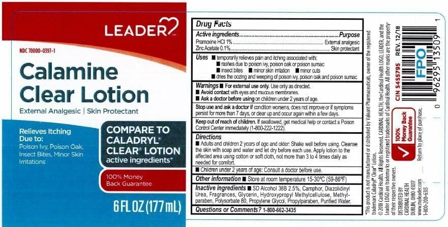 Leader Calamine Clear Lotion imported USA packaging highlighting pramoxine hydrochloride and zinc acetate