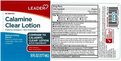 Leader Calamine Clear Lotion imported USA packaging highlighting pramoxine hydrochloride and zinc acetate