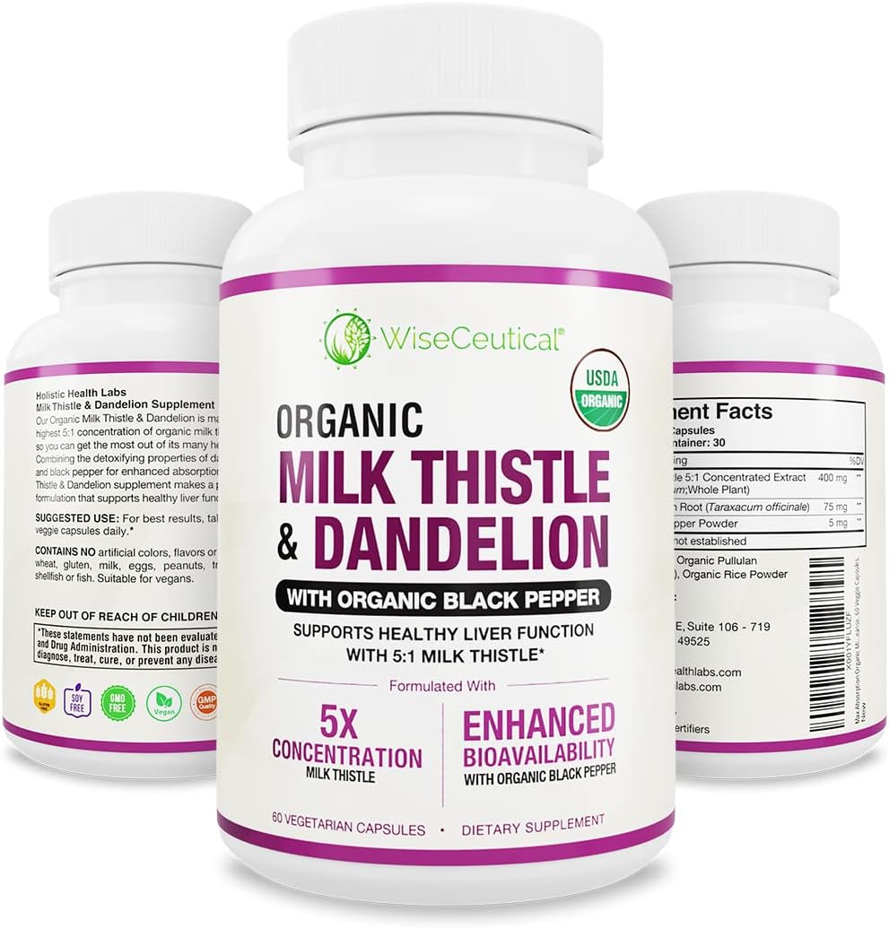 Wiseceutical Organic Milk Thistle 50to1 Extract 2000mg front view showing liver support supplement packaging