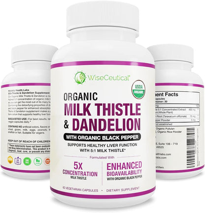 Wiseceutical Organic Milk Thistle 50to1 Extract 2000mg front view showing liver support supplement packaging