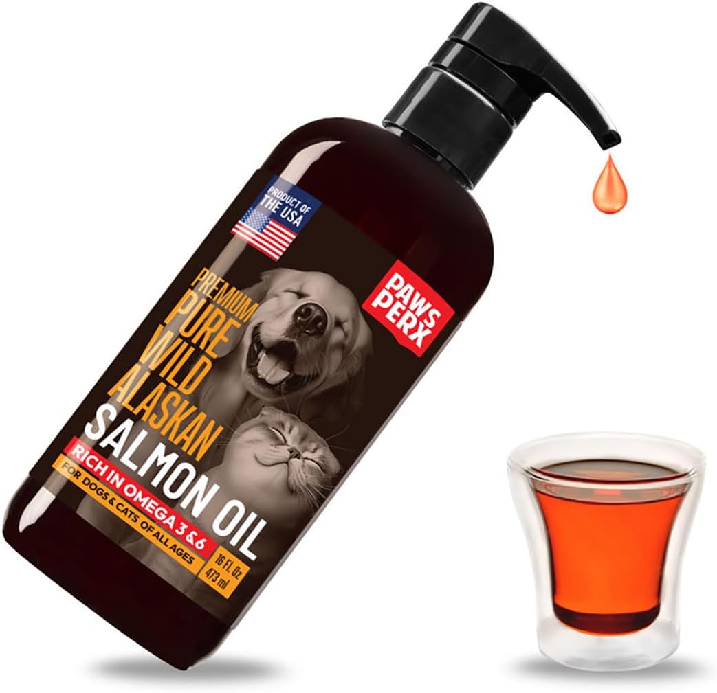 Paws PerX Salmon Oil Food Topper 16oz bottle front view for premium pet skin and coat health