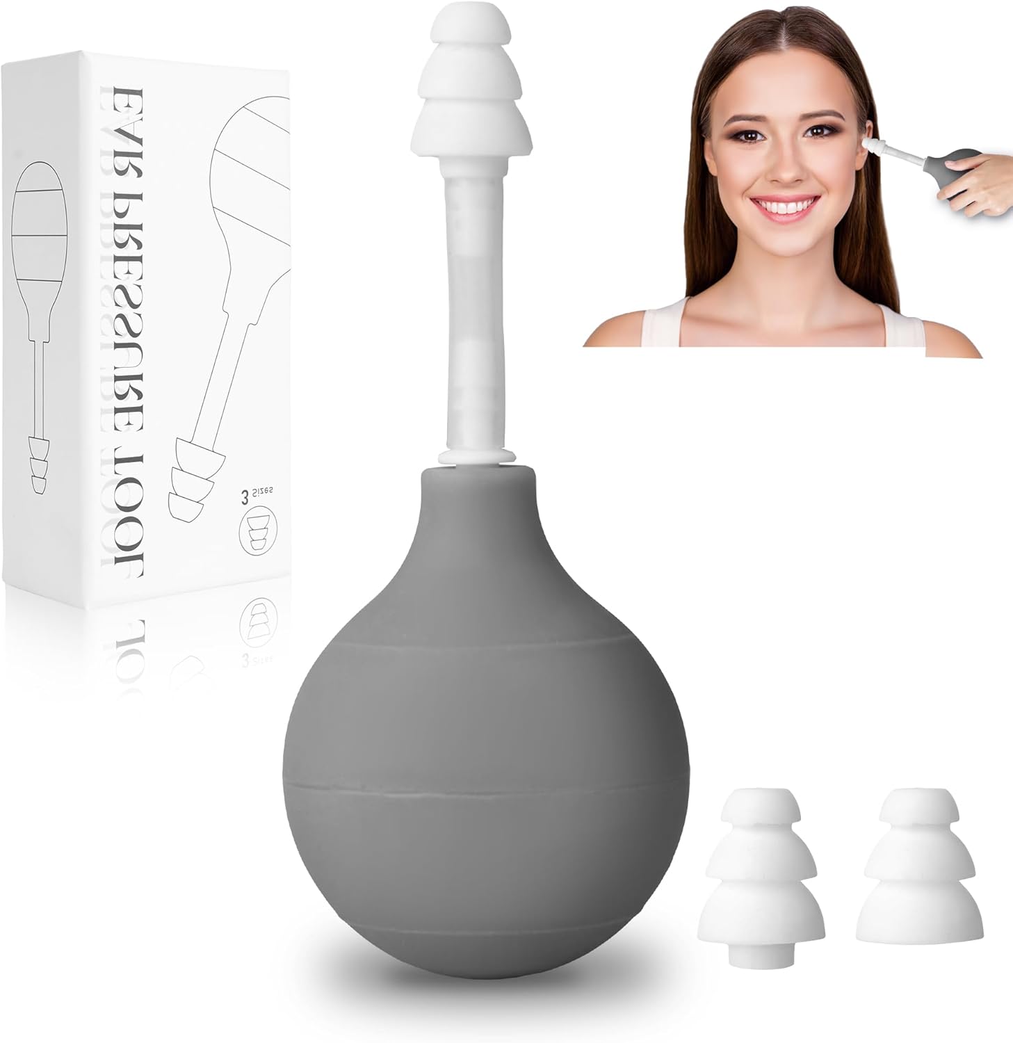 Ipzl ear pressure relief tool with gray suction bulb and replacement heads