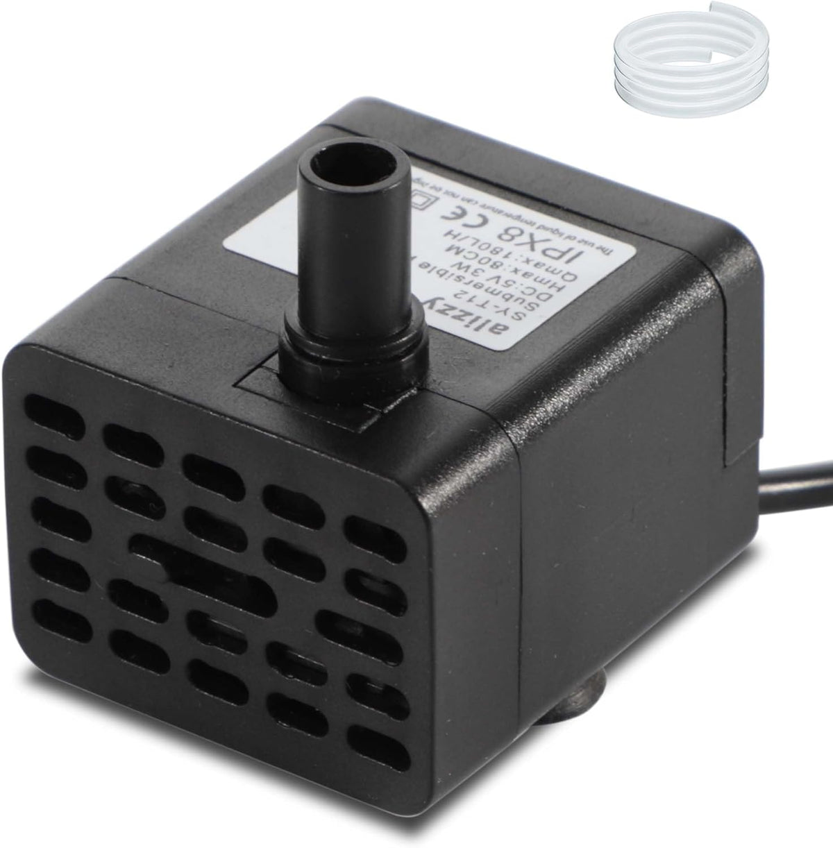 Alizzy small submersible water pump front view showcasing compact black design.