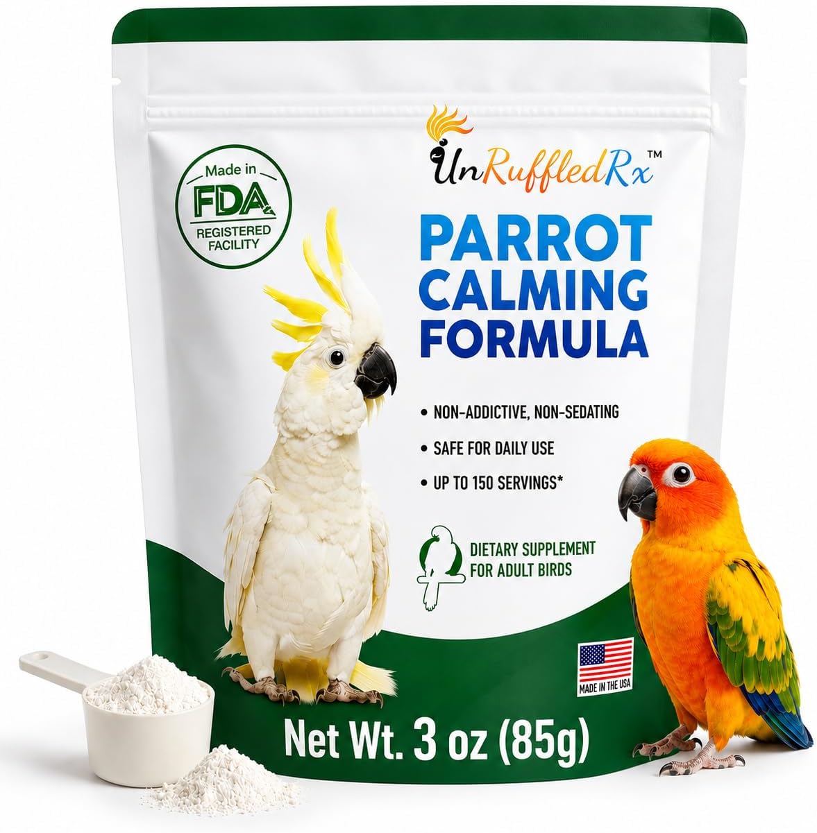 UnRuffledRx Parrot Calming Supplement front view packaging