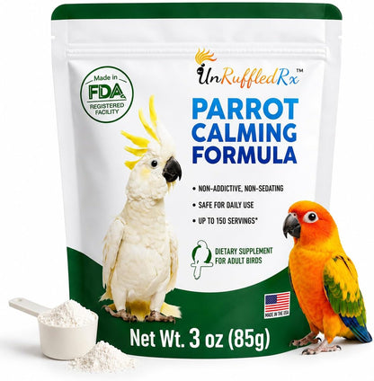 UnRuffledRx Parrot Calming Supplement front packaging showing the brand and bird illustration