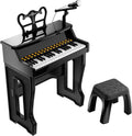 Gayuplo kids toy piano black 37 key front view with microphone and stool