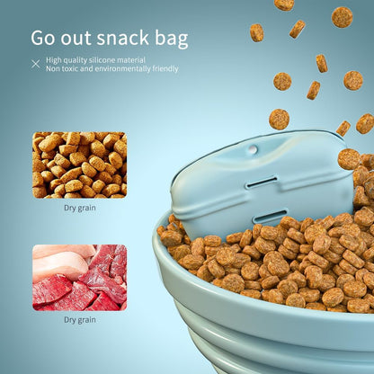 Bongpuda portable pet snack pouch being used by a trainer to reward a dog during outdoor behavior training.