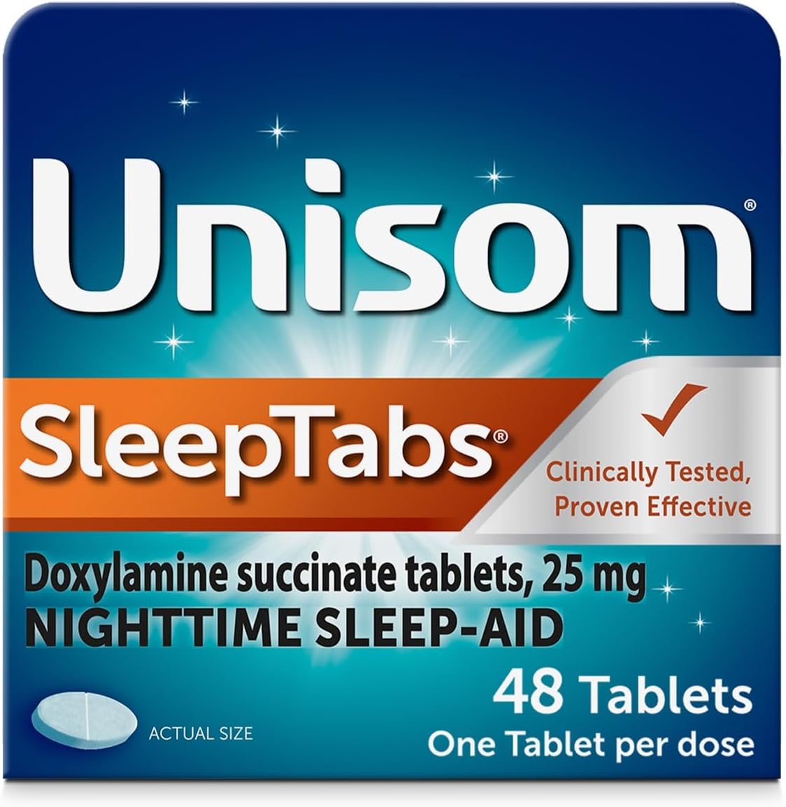 Unisom SleepTabs 48 tablets front view of original retail packaging