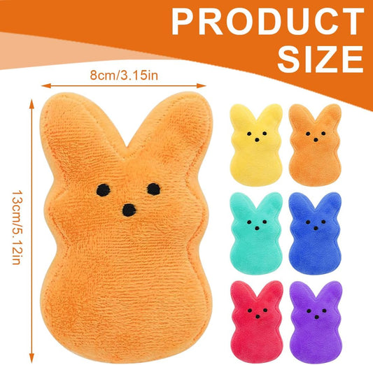 Pack of six colorful rabbit shaped soft cat toys with carrot patterns.