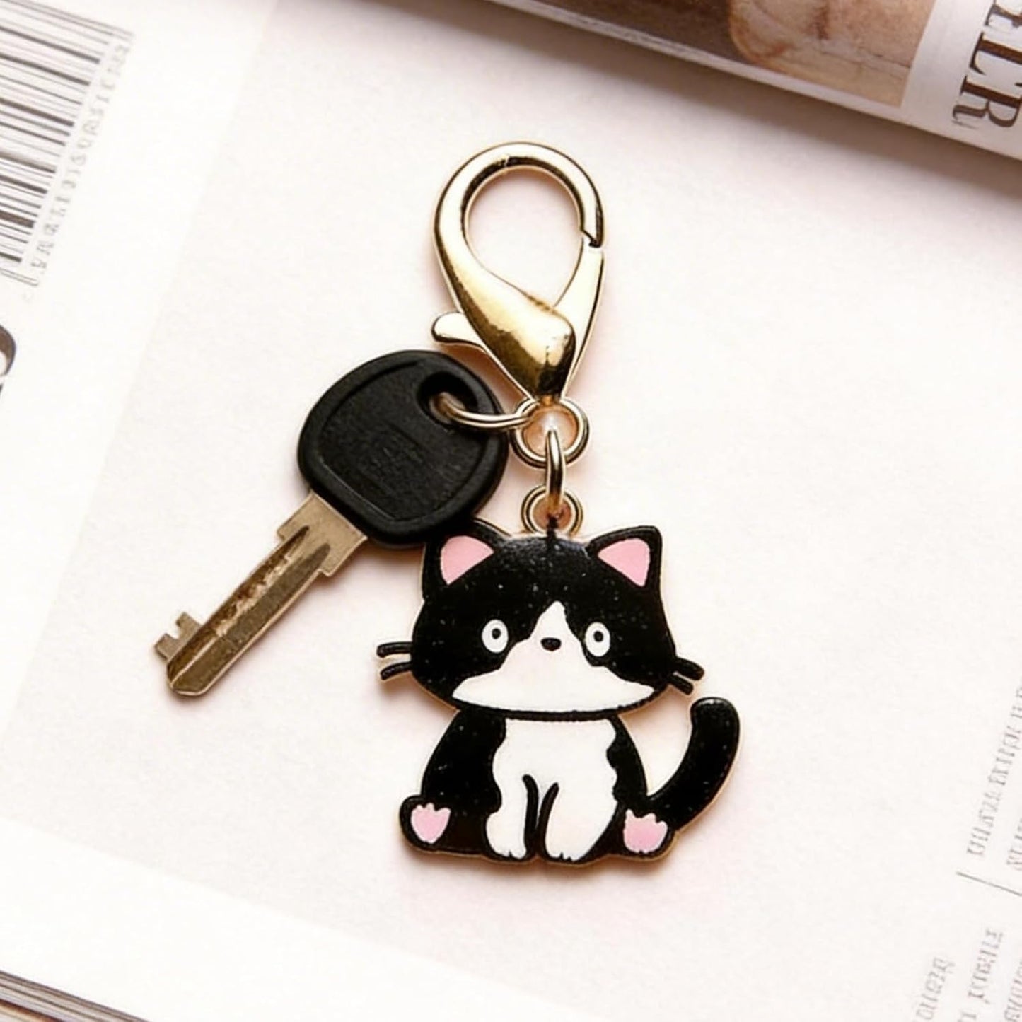 Cat charm attached to a leather handbag
