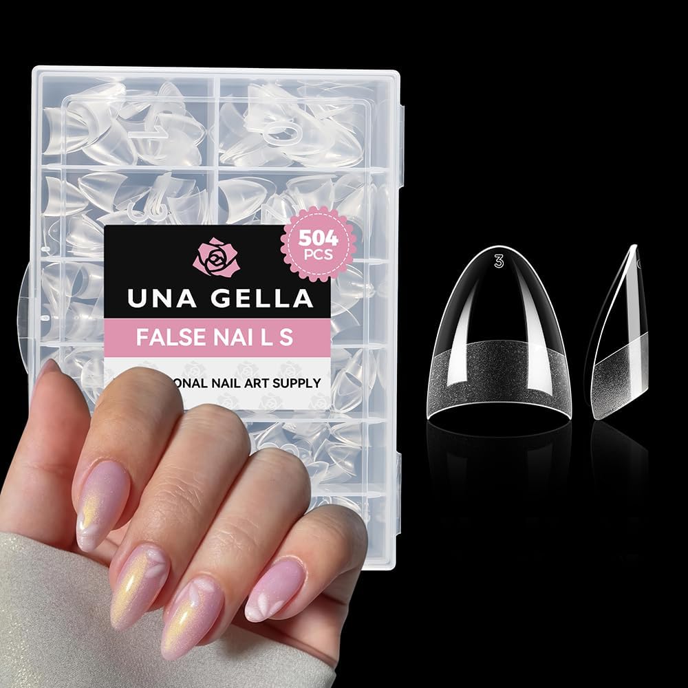 Una Gella short almond gel nail tips in a storage box