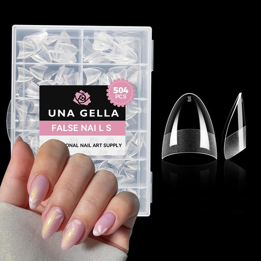 Una Gella short almond gel nail tips in a storage box