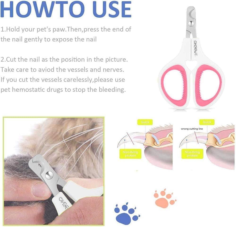 Close-up of the stainless steel curved cutting blades on the OneCut pink cat nail trimmer