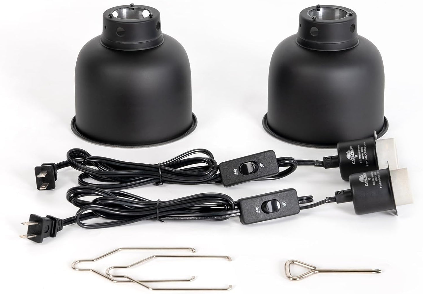 Cavachew two pack reptile lamps positioned above a glass reptile terrarium enclosure.