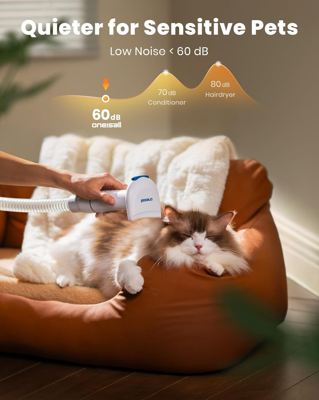 A golden retriever being comfortably groomed at home using the Oneisall 8-in-1 system
