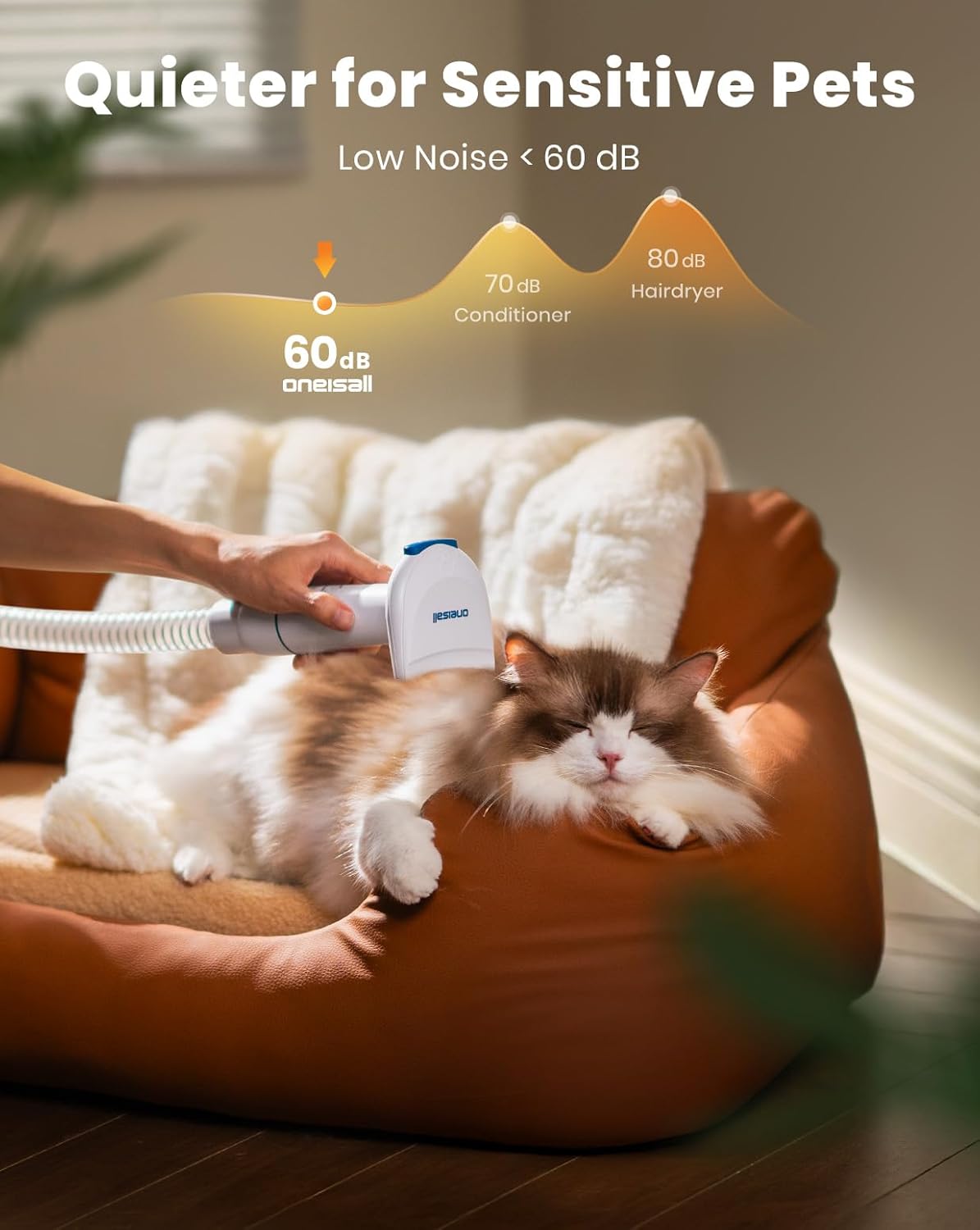 A golden retriever being comfortably groomed at home using the Oneisall 8-in-1 system
