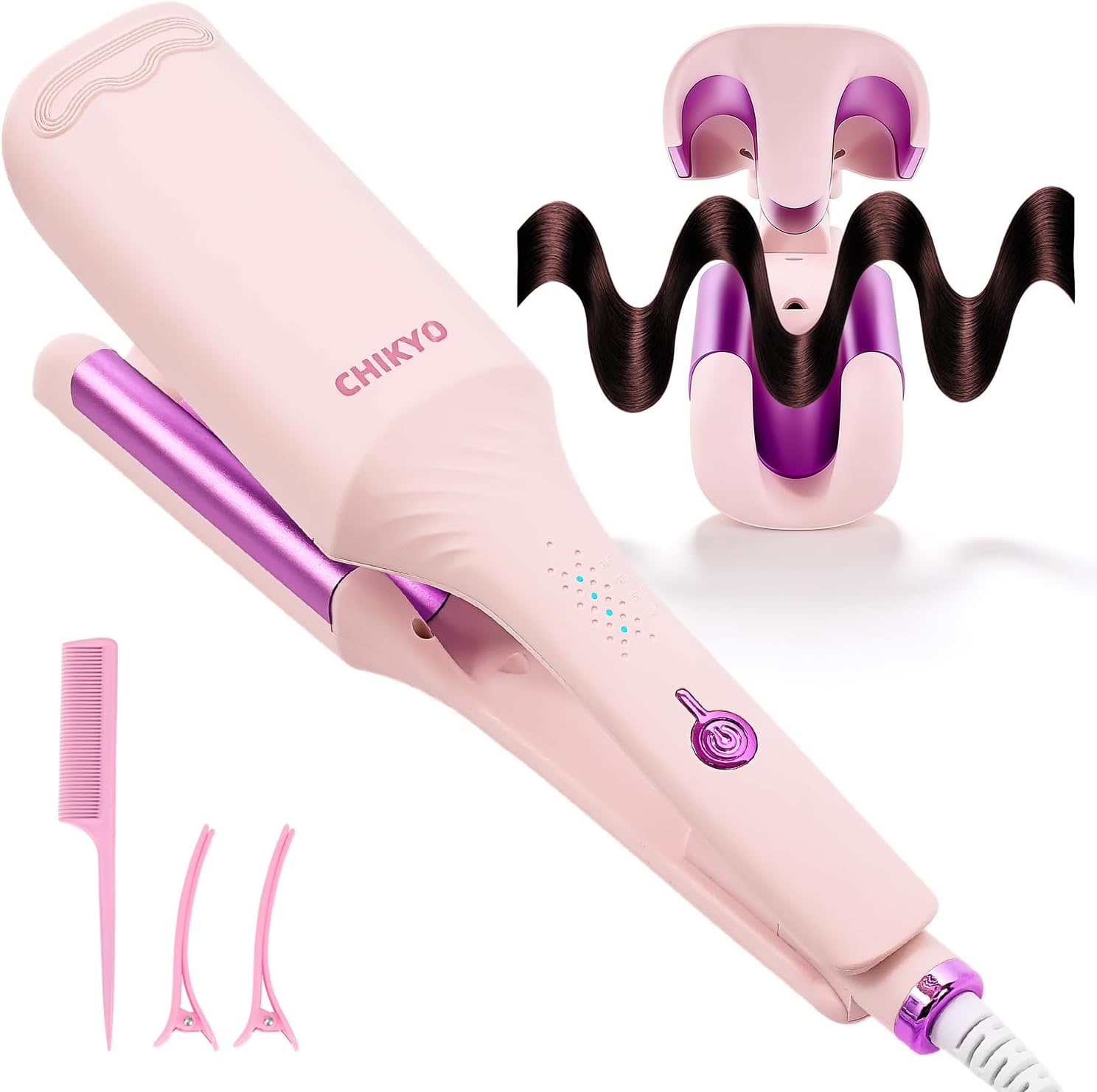 TYMO CHIKYO Upgraded 3 Barrel Hair Crimper Waver front view showing the pink ceramic triple barrels.