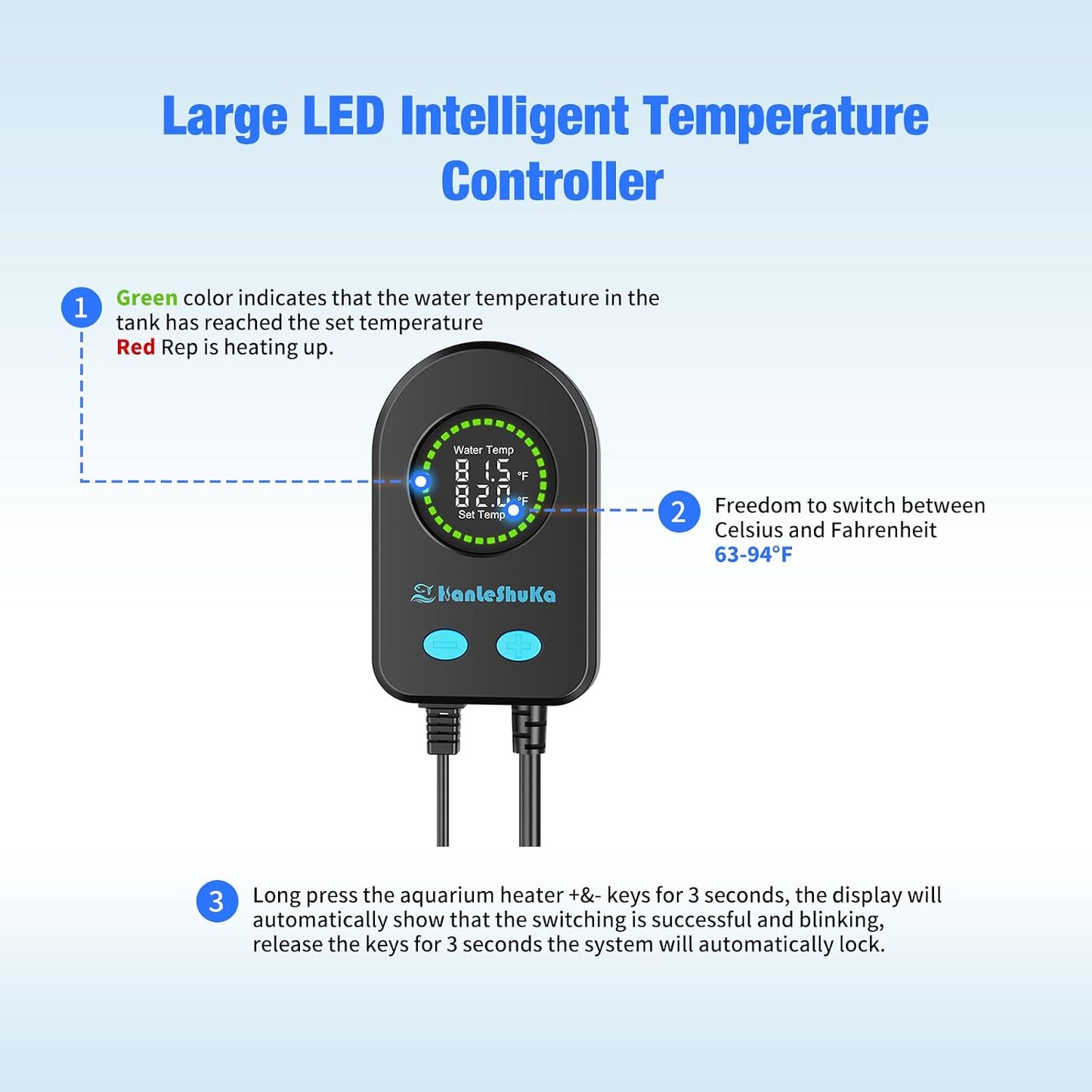 Hanleshuka fish tank heater with external LED controller