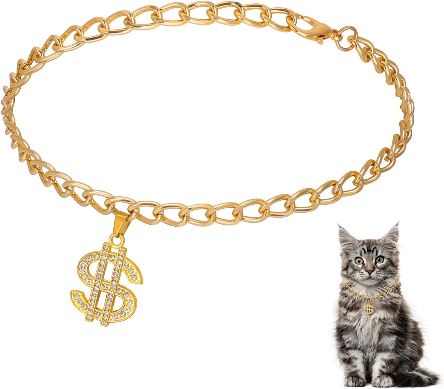 Prdgohv gold pet collar with crystal dollar sign pendant front view