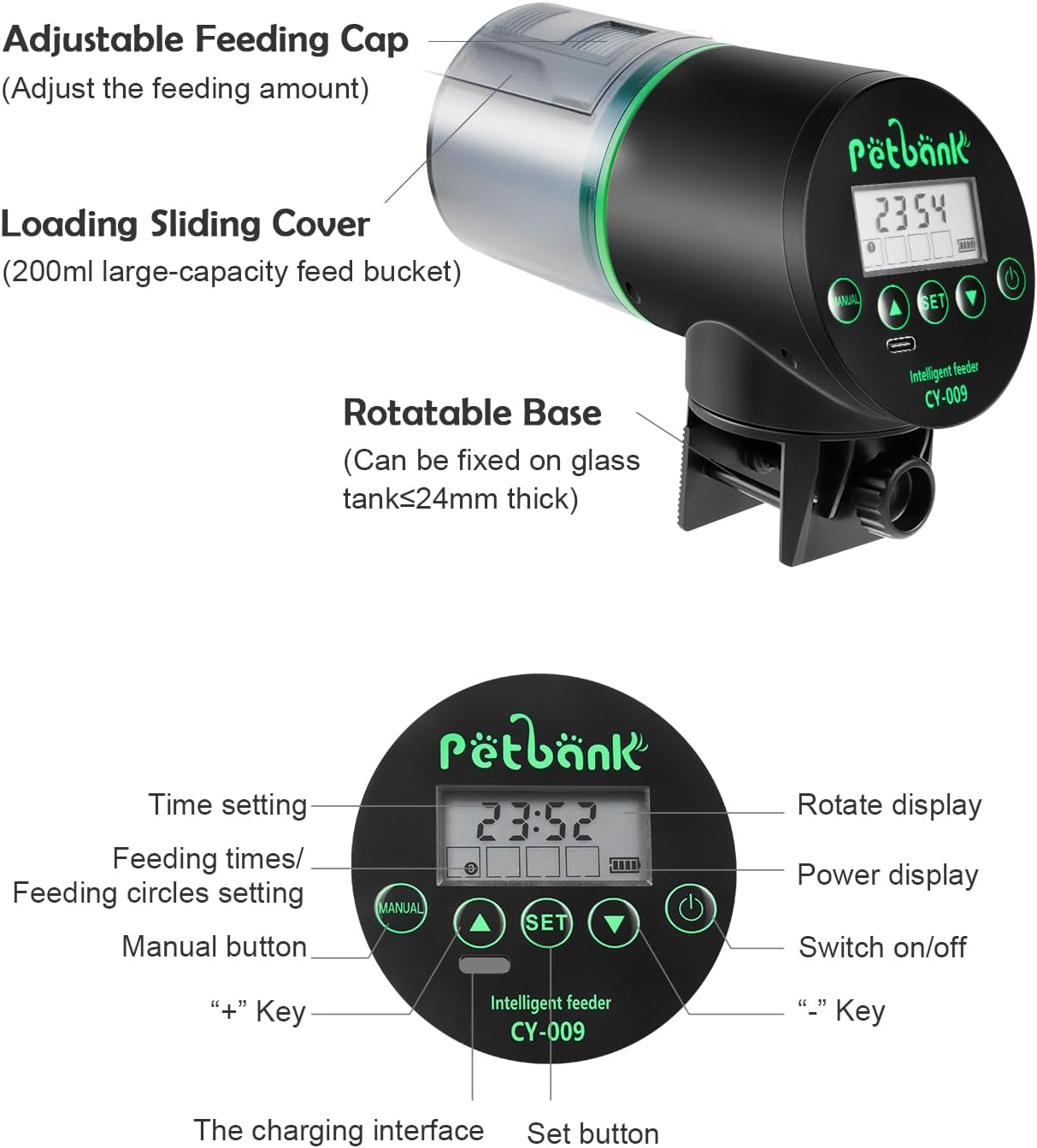 Compact black smart aquarium feeder packaging and components layout