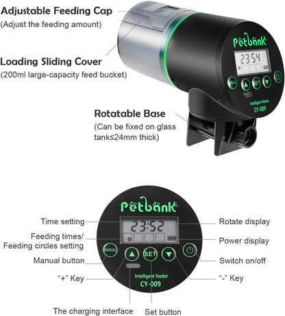 Compact black smart aquarium feeder packaging and components layout