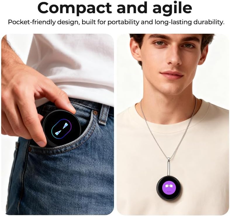 Dwolm sixty language real time voice translator showing sleek circular design with built in microphone layout