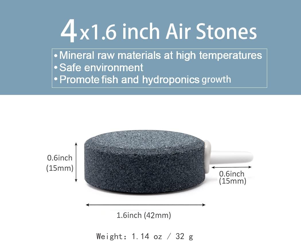 Close up view of a one point six inch round oxygen diffuser stone connected to standard airline tubing.
