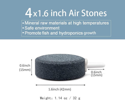 Close up view of a one point six inch round oxygen diffuser stone connected to standard airline tubing.