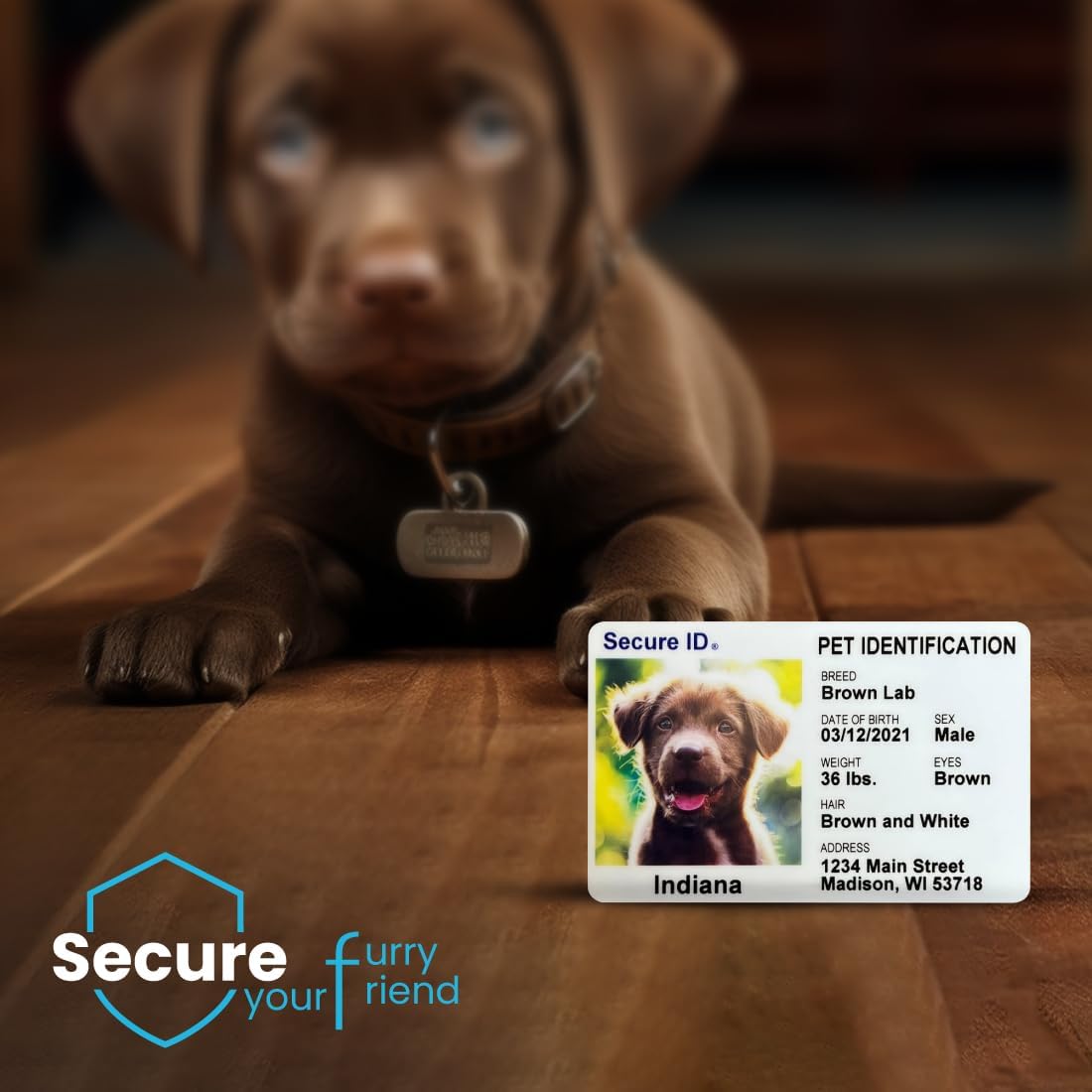 Credit card sized pet identification card shown inside a standard leather wallet.