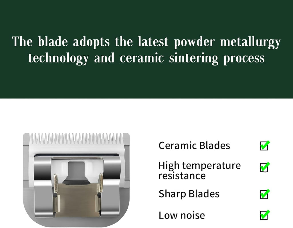 Ruzros ceramic replacement clipper blades close up layout highlighting the seven piece set configuration.