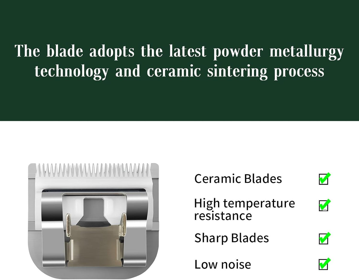Ruzros ceramic replacement clipper blades close up layout highlighting the seven piece set configuration.