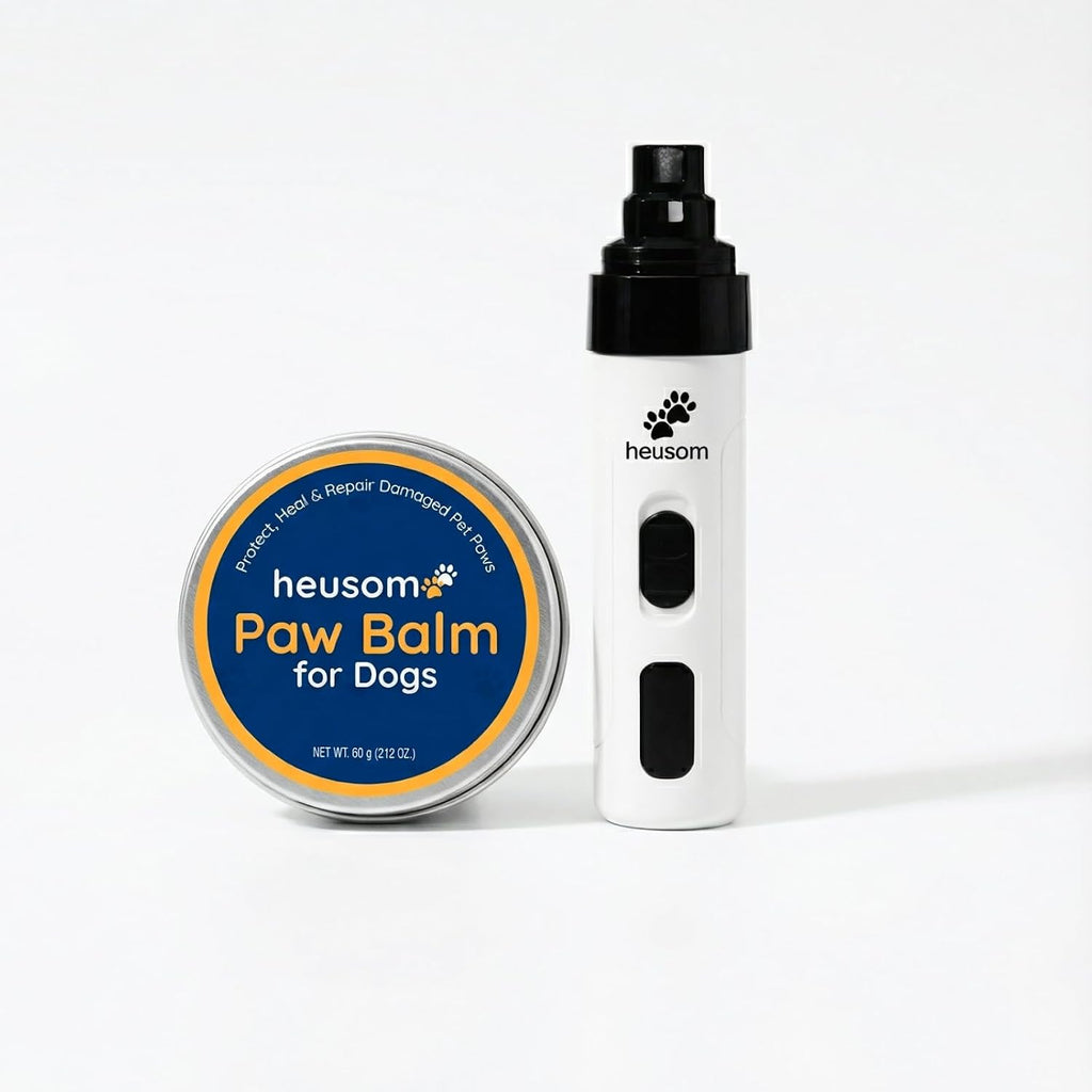 Heusom Silent Groom Pro Pet Nail Grinder front view showing the sleek white body and power button.