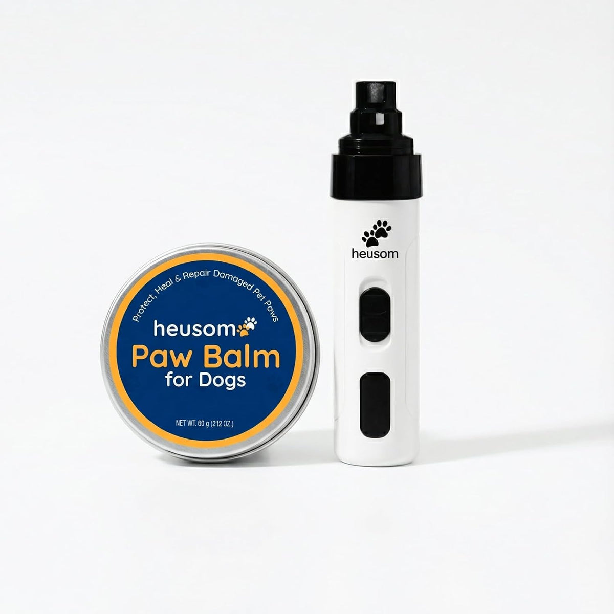 Heusom Silent Groom Pro Pet Nail Grinder front view showing the sleek white body and power button.