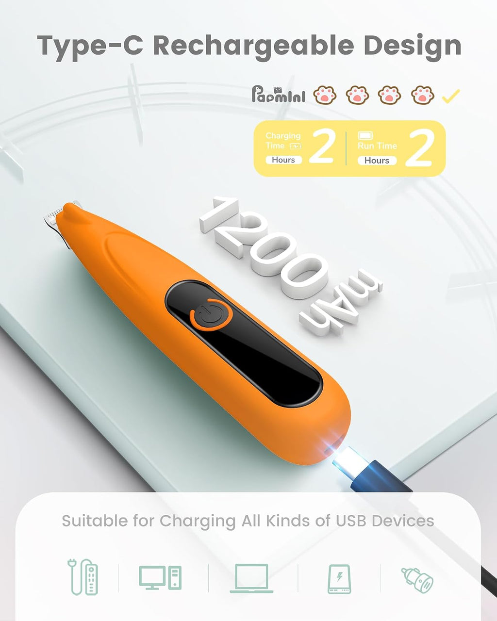 PAPMINI professional grade orange trimmer showing safe circular toothed moving blade system