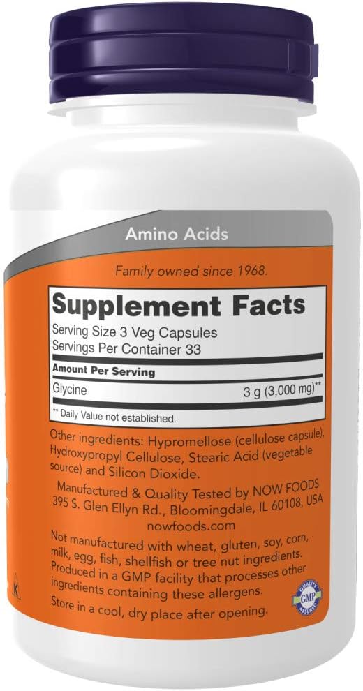 Now Foods Glycine amino acid supplement twin pack highlighting pharmaceutical grade purity