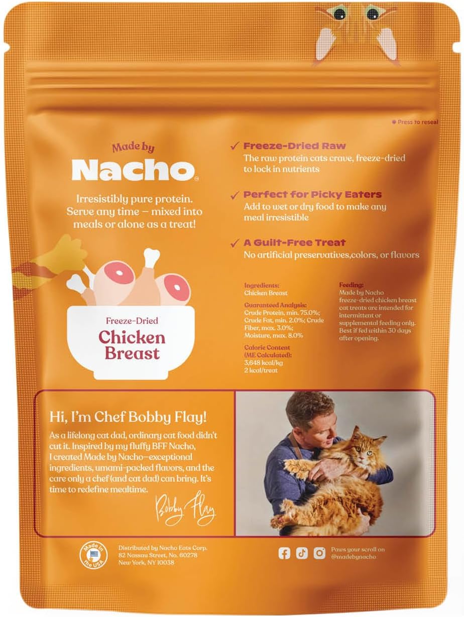 Made by Nacho cage free chicken cat treat single ingredient nutritional facts label