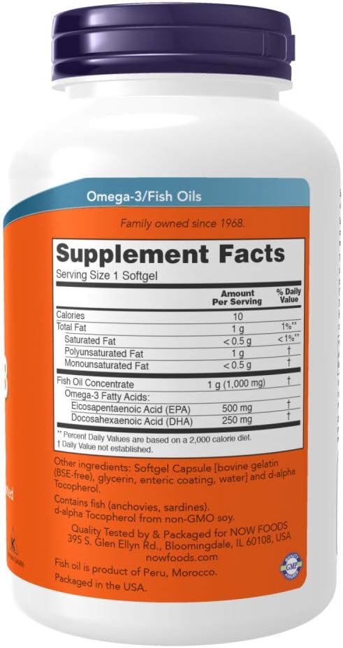Back label of NOW Foods Ultra Omega-3 fish oil showcasing the molecularly distilled and enteric coated certifications.