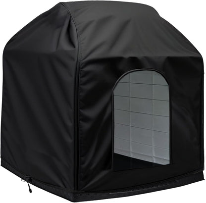 HIYOUR COVER outdoor dog house cover black front view fitted on a kennel