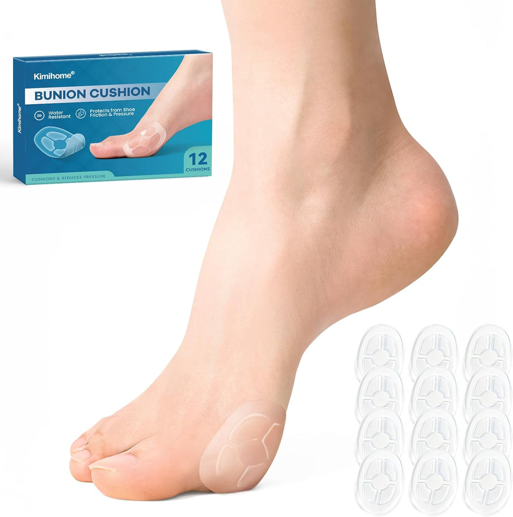 Kimihome Hydrogel Bunion Cushions front packaging view showing the 12 pieces pack for foot pain relief.